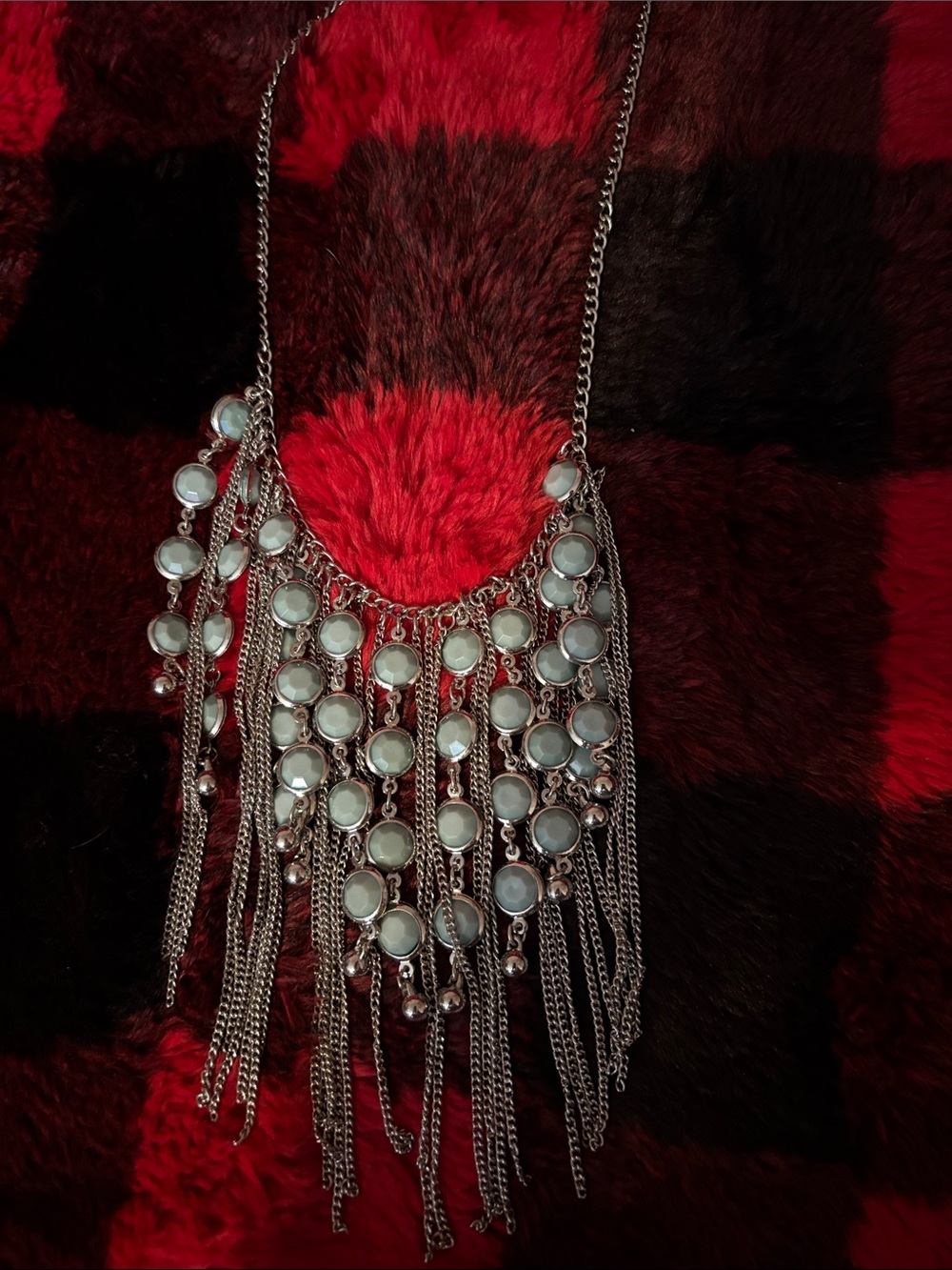 Fringe Silver Statement Necklace with Opalescent Stones